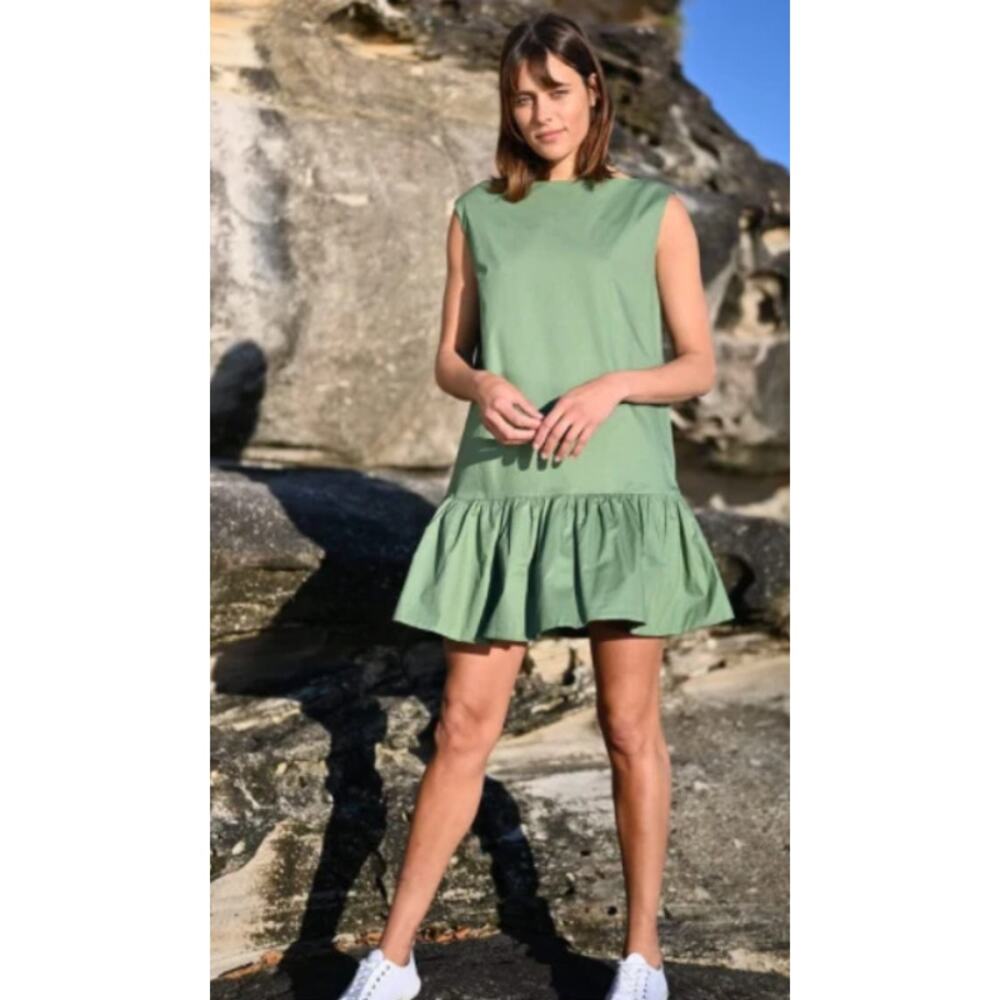 Wyatt Wylde Joni Ruffle Hem Boatneck Shift Mini Dress in Sage Green, Size Large